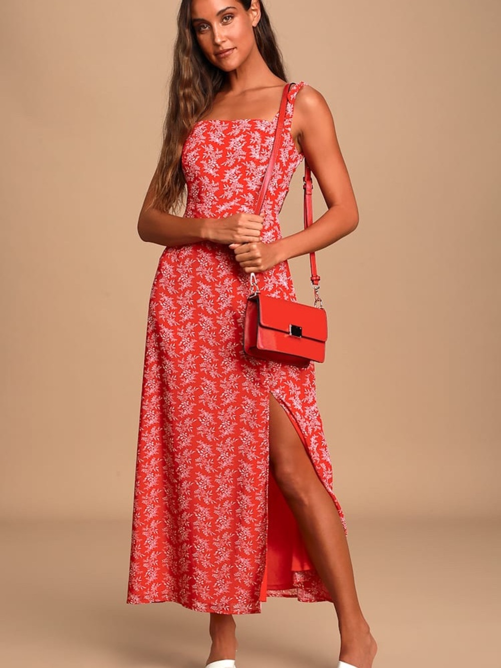 Lulu's Coral Red Floral Square-Neck Maxi Dress with Side Slit